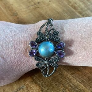 Pearl & Amethyst Dragonfly Silver Bracelet